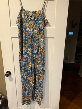 Floral Blue Wide-Leg Jumpsuit with Spaghetti Straps